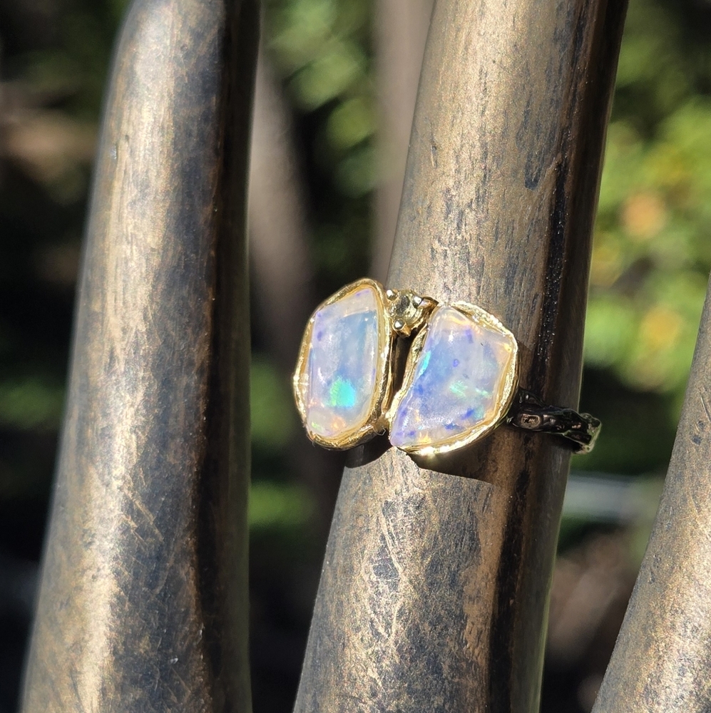 Opal Dual 6k Each Natural Gemstone Sterling Rhodium & Gold Ring Sz6.75 - Picture 7 of 10